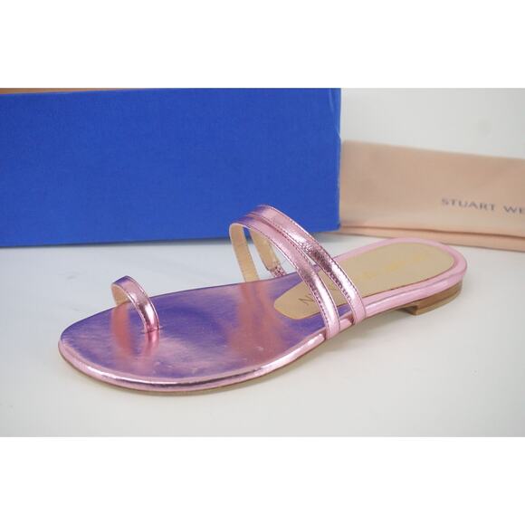 Stuart Weitzman Leonita Slide Pink Metallic Leather Sandals Size 6 New Flat $350 - Picture 1 of 12